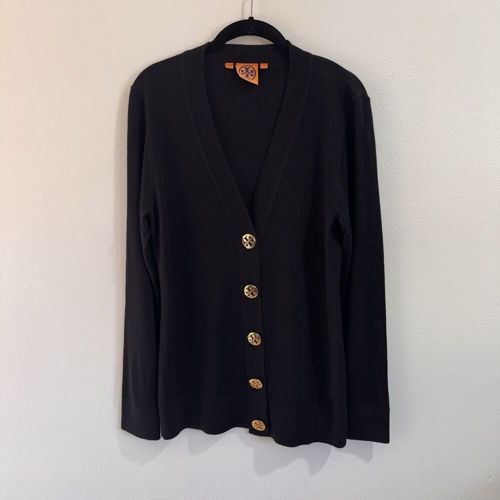 Tory Burch Cardigan Sweater L Black 100% Merino Wool Knit Gold Buttons *Hole*